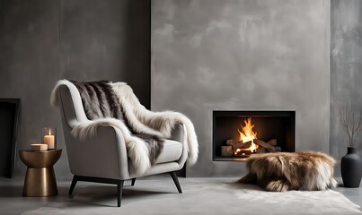  Accent chair with fur throw against concrete wall with fireplace. Loft home interior design of modern living room. 