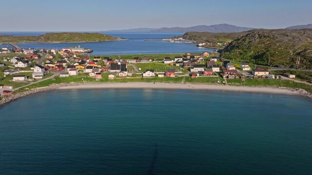 Aerial view away from the Vestersanden beach, summer evening in Pykeija, Norway