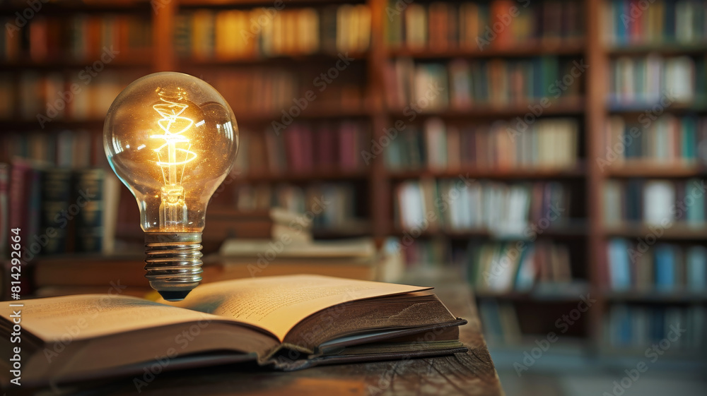 Poster a luminous bulb appears to float above open books on a desk, symbolizing ideas and learning