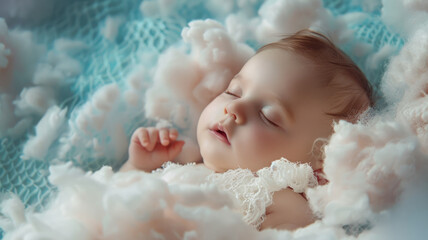 A tender image of a sleeping infant gently covered with delicate white lace fabric, with the face respectfully obscured