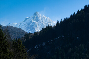 Snow mountain peak. Mont Blanc and pines forest. Mountain landscape, Switzerland mount. Alps clouds...