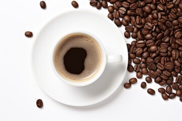 Espresso cup with coffee beans isolated on white background top view