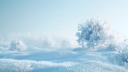 white view of a field with several trees covered in snow, sunlight shining through the field