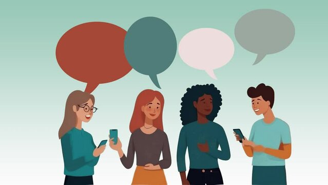 Group of young women with mobile phones and speech bubbles. concept of communication, conversation, talking, chatting, speech, smartphone, phone, network, women, group, mobile, people,