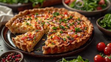 Colorful Quiche Lorraine with fresh veggies. 