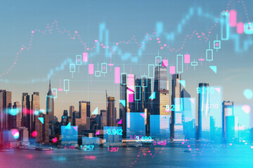 New York skyline with holographic stock market graphics overlay. Digital and business concept. Double exposure