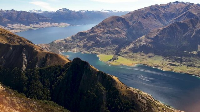The Neck between Wanaka and Hawea lakes in New Zealand. Alpine mountain landscape. Aerial drone