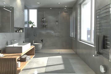 gray bathroom interior with walk in shower