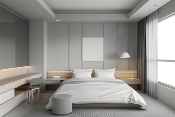 light gray hotel bedroom interior with bed and workplace, drawer and mock up wall