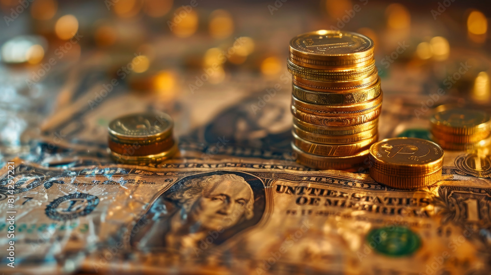 Poster stack of coins on us dollars background - close up of a stack of coins on various denominations of u