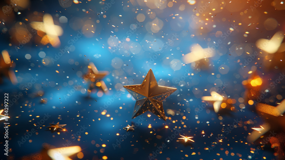 Poster golden star shining brightly amidst bokeh lights - close up of a single golden star with a glowing b
