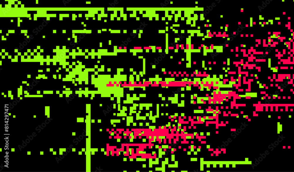 Poster abstract glitchy background with random pixel noise. vector illustration in green and black colors.
