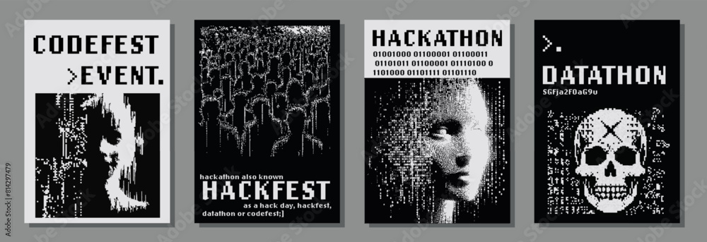 Poster Set of retrofuturistic posters for hackathon (also known as a hack day, hackfest, datathon or codefest) event with pixel art illustrations of glitched human head and skull.