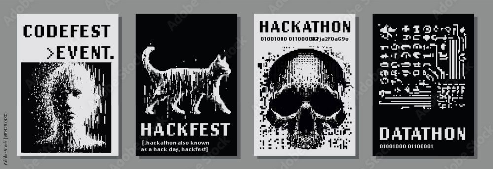 Poster Set of retrofuturistic posters for hackathon (also known as a hack day, hackfest, datathon or codefest) event with pixel art illustrations of glitched human head and skull.