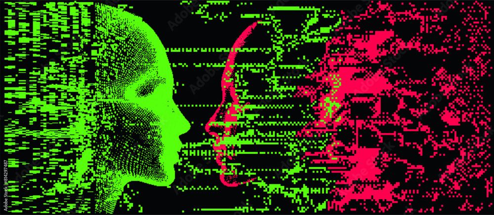 Poster Distorted silhouettes of two heads. Conceptual image of facial recognition and anonymity systems. Vector illustration in cyberpunk pixel art style.