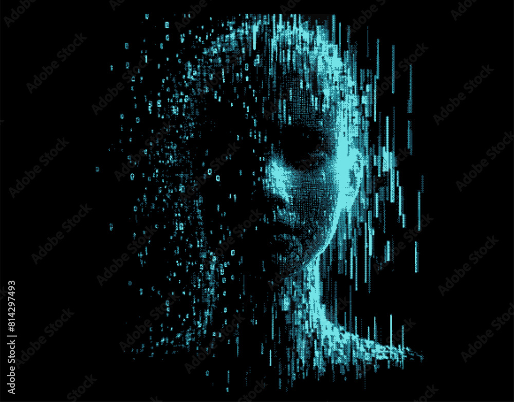 Aufkleber Distorted silhouette of a bald blue head of a woman. Conceptual image of facial recognition and anonymity systems. Cyberpunk pixel art style vector illustration.
