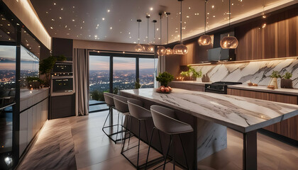 Modern minimalist kitchen interior in luxury mansion with big table marble and light dining area with family.architecture.Thanks you