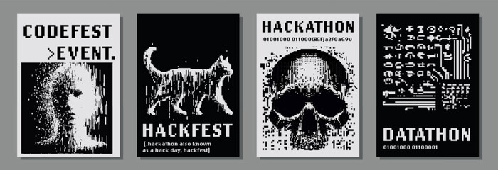 Set of retrofuturistic posters for hackathon (also known as a hack day, hackfest, datathon or codefest) event with pixel art illustrations of glitched human head and skull. © local_doctor
