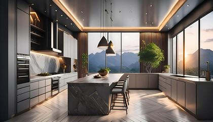 Modern minimalist kitchen interior in luxury mansion with big table marble and light dining area with family.architecture.Thanks you