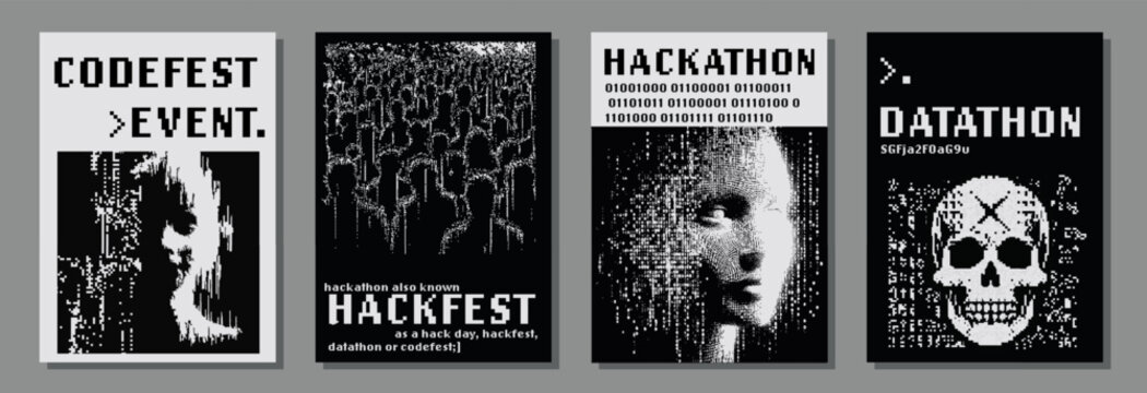 Set of retrofuturistic posters for hackathon (also known as a hack day, hackfest, datathon or codefest) event with pixel art illustrations of glitched human head and skull.