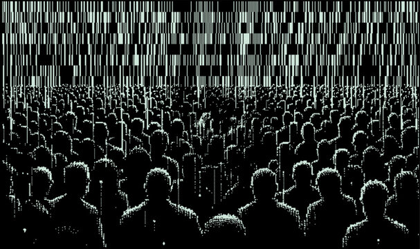 Retrofuturistic pixel art illustration depicting a glitchy silhouette of a human crowd. Сonceptualization of the interaction between technology and humanity.
