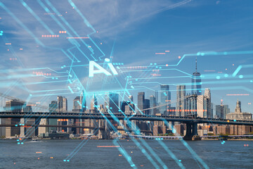 New York Cityscape with Brooklyn Bridge, hologram of AI and digital network overlaid. Futuristic...