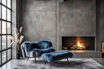  Accent chair with fur throw against concrete wall with fireplace. Loft home interior design of modern living room. 