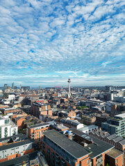 Obraz premium High Angle View of Modern British City Centre of Liverpool, The Maritime city in northwest England, United Kingdom. May 5th, 2024