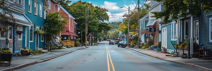 A street view through the town of Liverpool, Nova Scotia on a summer day realistic nature and...