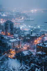 Winter's Embrace: A Snow-Blanketed Vladivostok City Under Dusky Sky 