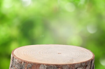 Wood tabletop round podium in outdoors background.