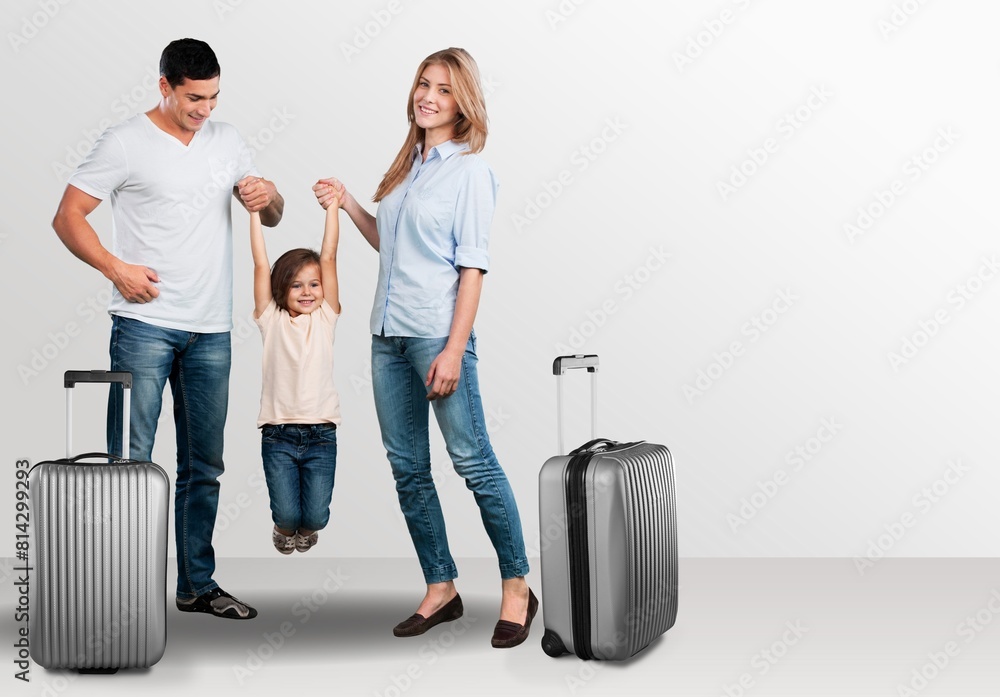 Poster traveler parents with child hold bags