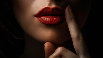 Seductive red lips and finger requesting silence - This image captures the essence of seduction with vibrant red lips and a finger pressed to them asking for silence