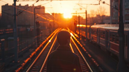 Fototapeta premium A young man is standing on the platform of a railway station at sunset