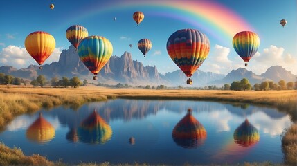 Obraz premium Hot air balloons fly over the fantasy world with castle, river and waterfalls. For Desktop Wallpaper Background