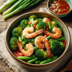 Broccoli and shrimp stir-fry in a ceramic dish on a wooden table. Concept of homemade-style food.