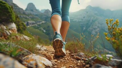 Close-up view of a woman's legs in running shoes, backpack swaying, moving swiftly along a scenic mountain path, captured for advertising