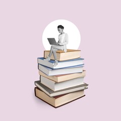 A woman hold laptop sits on books stack