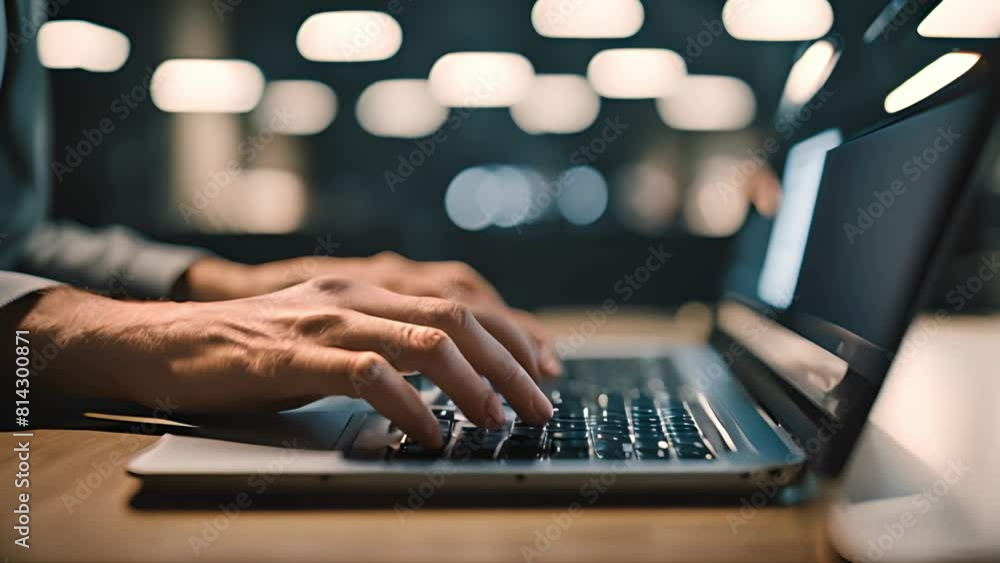 Poster hand of a man using laptop computer for hacking or steal data at night in office. hacking concept. a