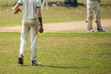 Cricket fast bowler ready to running steps and start up stance