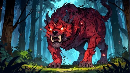 Illustration of a terrifying boxer dog-like creature,  dark magic and mythical beasts, glowing red markings, cinemtic look