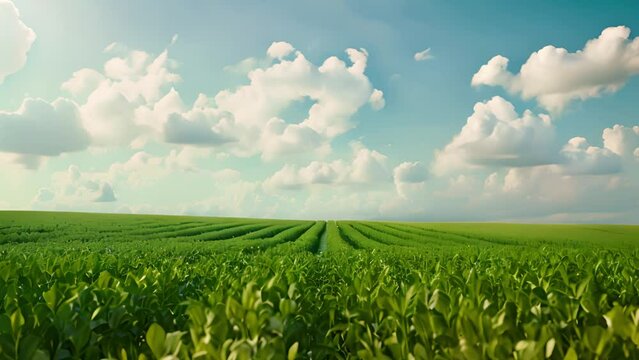 View of soybean farm agricultural field with sky, Green agriculture background. Ai Footage.