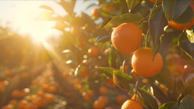 Vibrant orange orchard basking in the sunlight, with ripe oranges hanging from lush green trees, ready for harvest on an expansive farm landscape. Ai Footage.