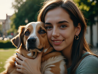 Young woman hugging her dog. Closeup portrait. Living with pet mindfulness, friendship concept