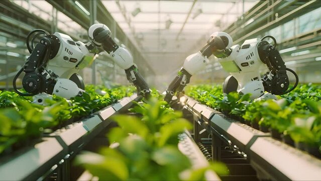 Smart robotic tending to an indoor farm with rows of green plants. Modern technology in agriculture. Future farming landscapes. Ai Footage.