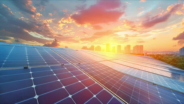 Solar panel solar field with modern city on background, Alternative electricity source concept, Generating electricity clean energy. Ai Footage.
