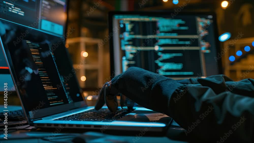 Poster hand of a man using laptop computer for hacking or steal data at night in office. hacking concept. a