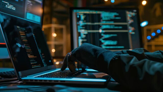 Hand of a man using laptop computer for hacking or steal data at night in office. Hacking concept. Ai Footage.