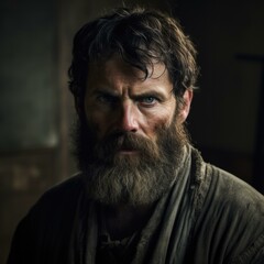 Obraz premium Portrait of a man with a thick beard and intense expression. AI.