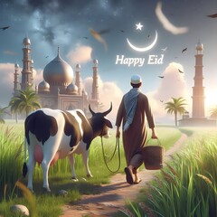 Obraz premium Person going to farm along cow on the day of Eid Al Adha , Muslims events , Muslim caring Eid animal 